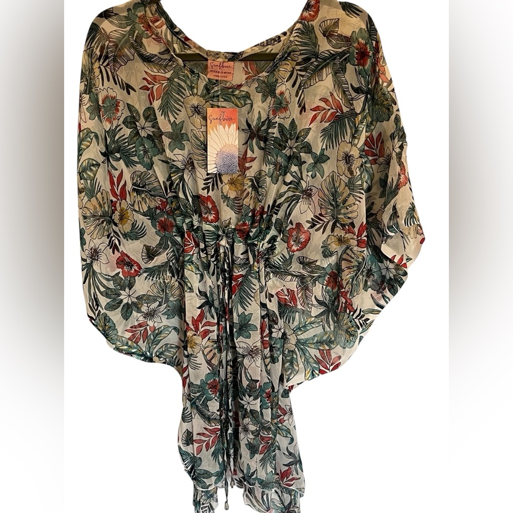 Sunflower Green Tropical Print Half Sheer Caftan Tunic Dress Cover up OS NewTags